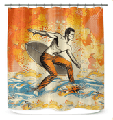 Surfing 1 05 Shower Curtain in a bathroom, showcasing its bright surf design and turning the shower area into a surf enthusiast's dream.